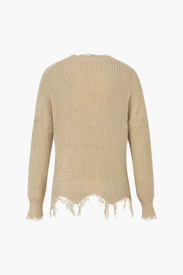 Distressed Frayed V-Neck Sweater