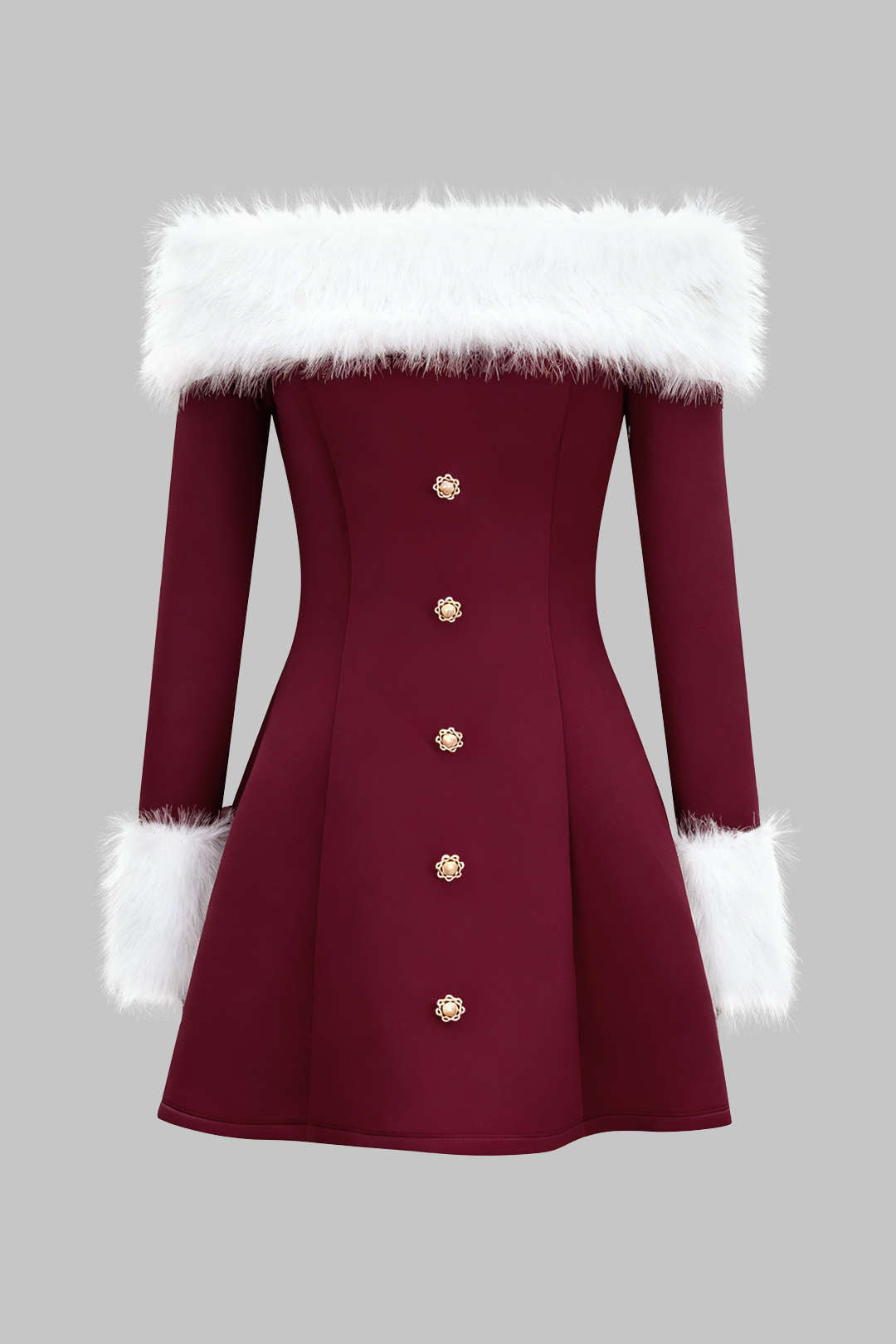 Fur Trim Patchwork Off-Shoulder Button Long Sleeve Mini Dress