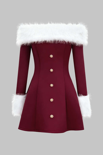 Fur Trim Patchwork Off-Shoulder Button Long Sleeve Mini Dress