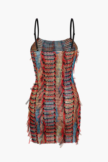 Striped Textured Spaghetti Strap Mini Dress