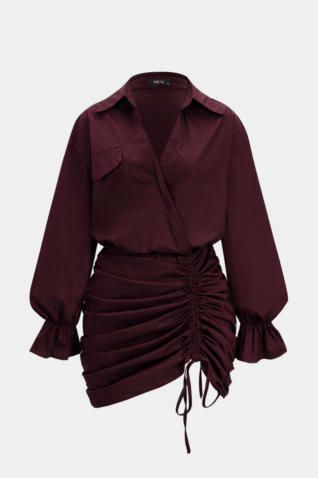 Plus Size Ruched V-Neck Drawstring Ruffle Long Sleeve Mini Dress