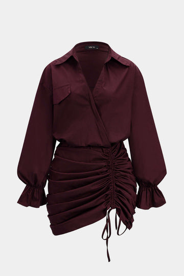 Plus Size Ruched V-Neck Drawstring Ruffle Long Sleeve Mini Dress