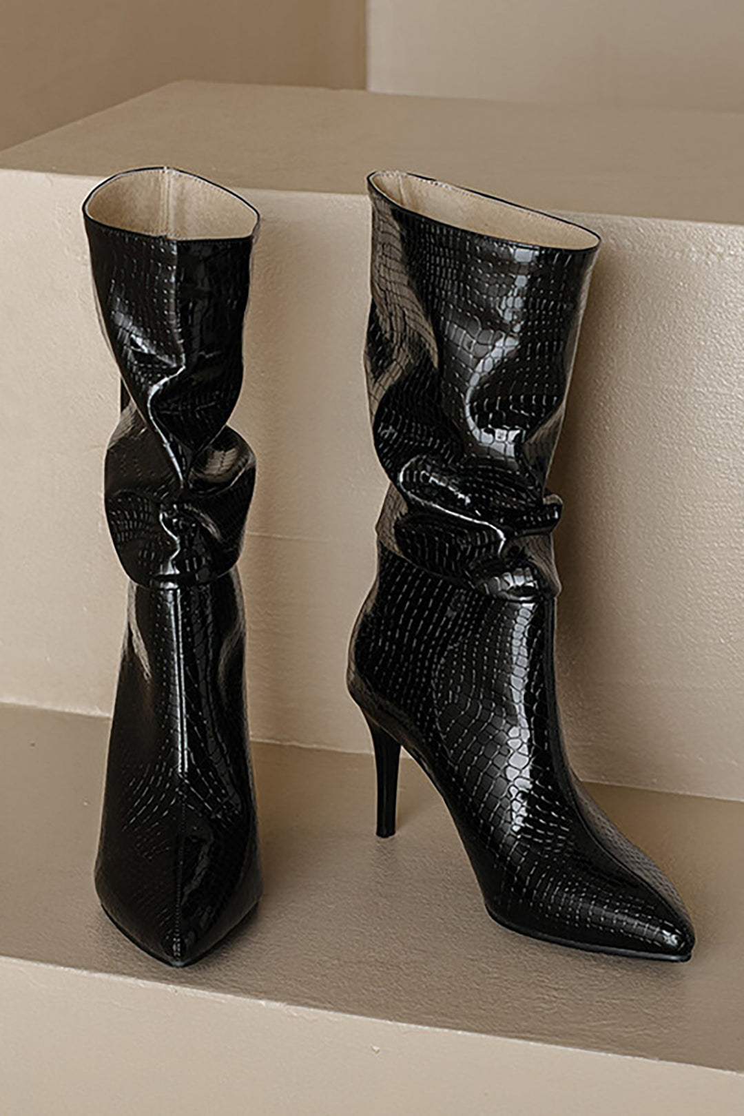 Faux Leather High Heel Pointed Ankle Boots