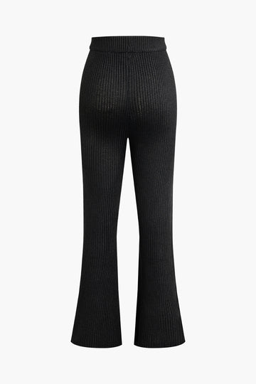 Half Zipper Stand Collar Long Sleeve Top And High Waist Slit Flare Leg Pants Set