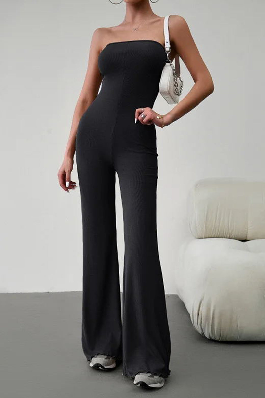 Braided Tie Backless Strapless Flared Jumpsuit