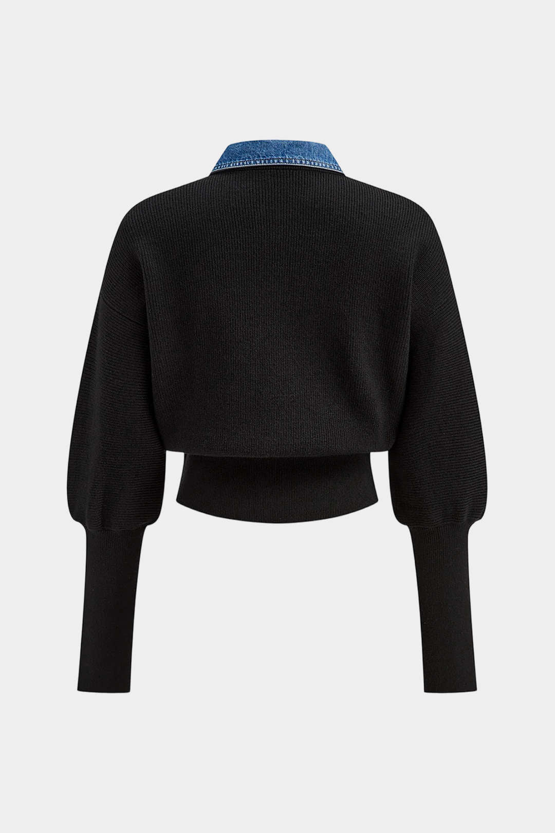 Knit Denim Patchwork Button Gigot Long-Sleeve Top