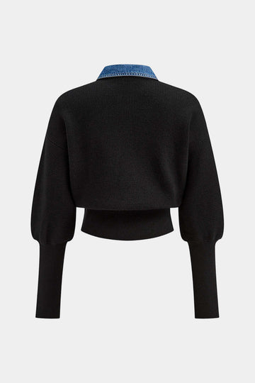 Knit Denim Patchwork Button Gigot Long-Sleeve Top