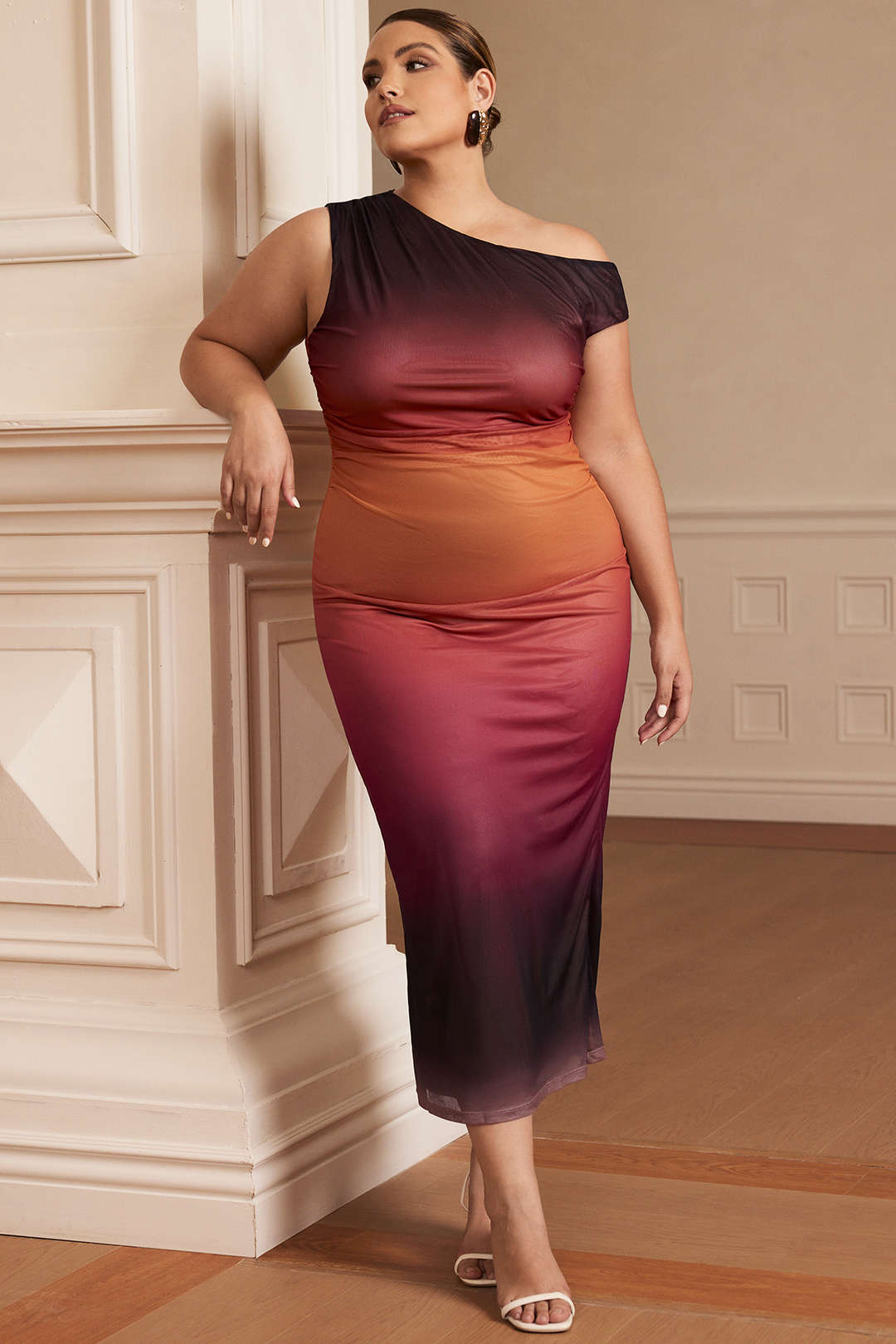 Plus Size Ombre Print Mesh Asymmetrical Sleeveless Maxi Dress