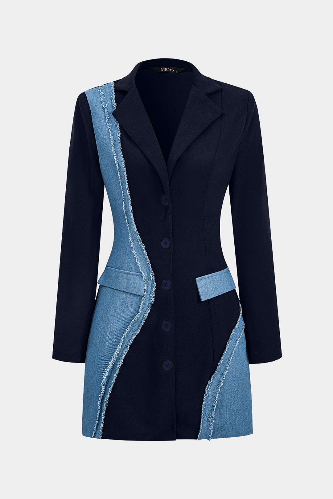 Denim Patchwork Long Sleeve Blazer Suit Mini Dress Micas Denim Patchwork Long Sleeve Blazer Suit Mini Dress Micas