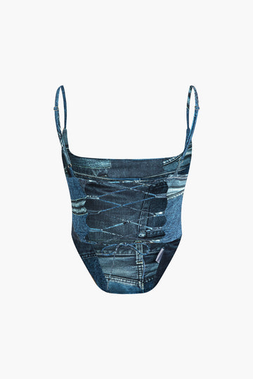 Denim Pattern Tie Hollow Out Cami Top