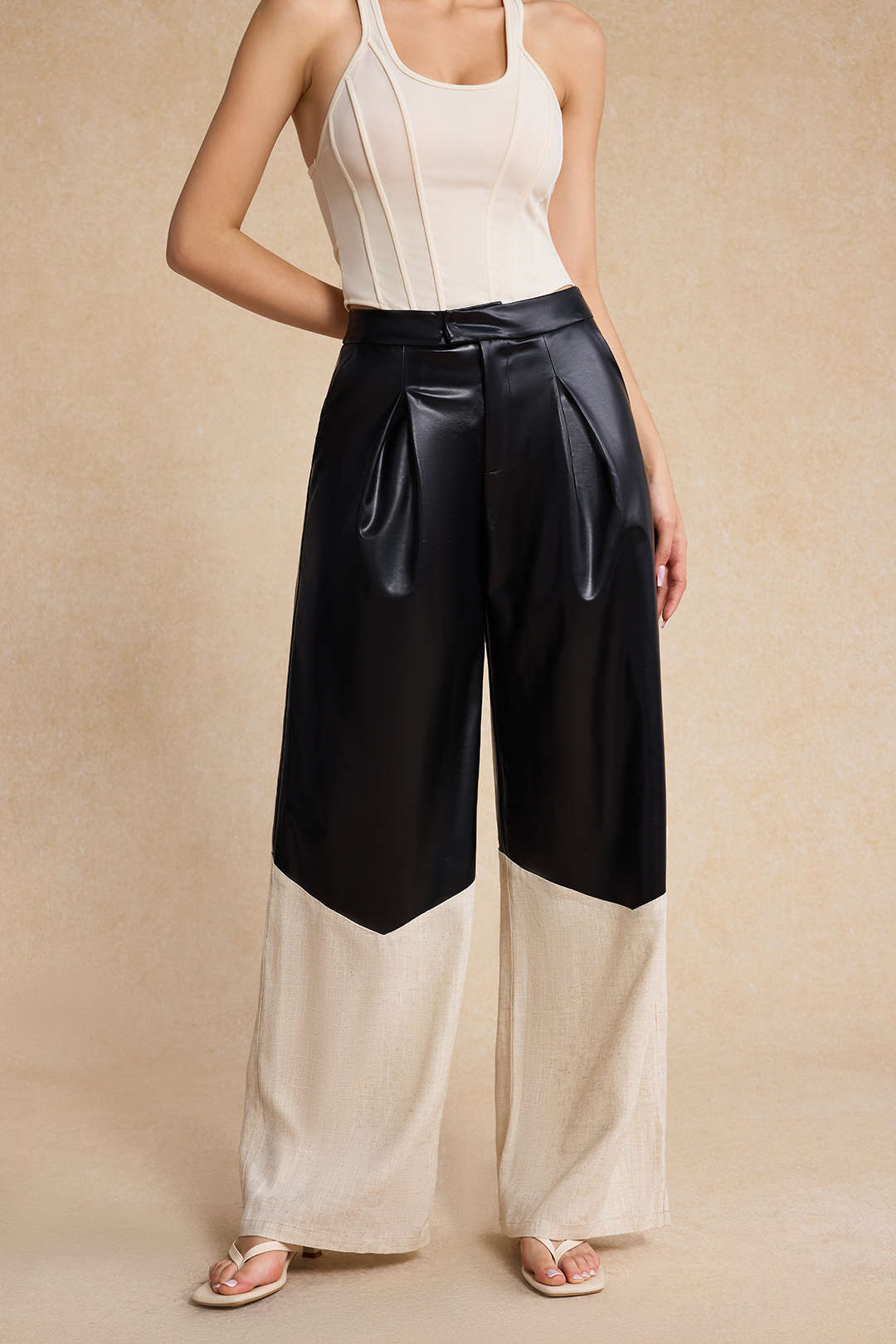 Faux Leather Linen High Waist Patchwork Trousers