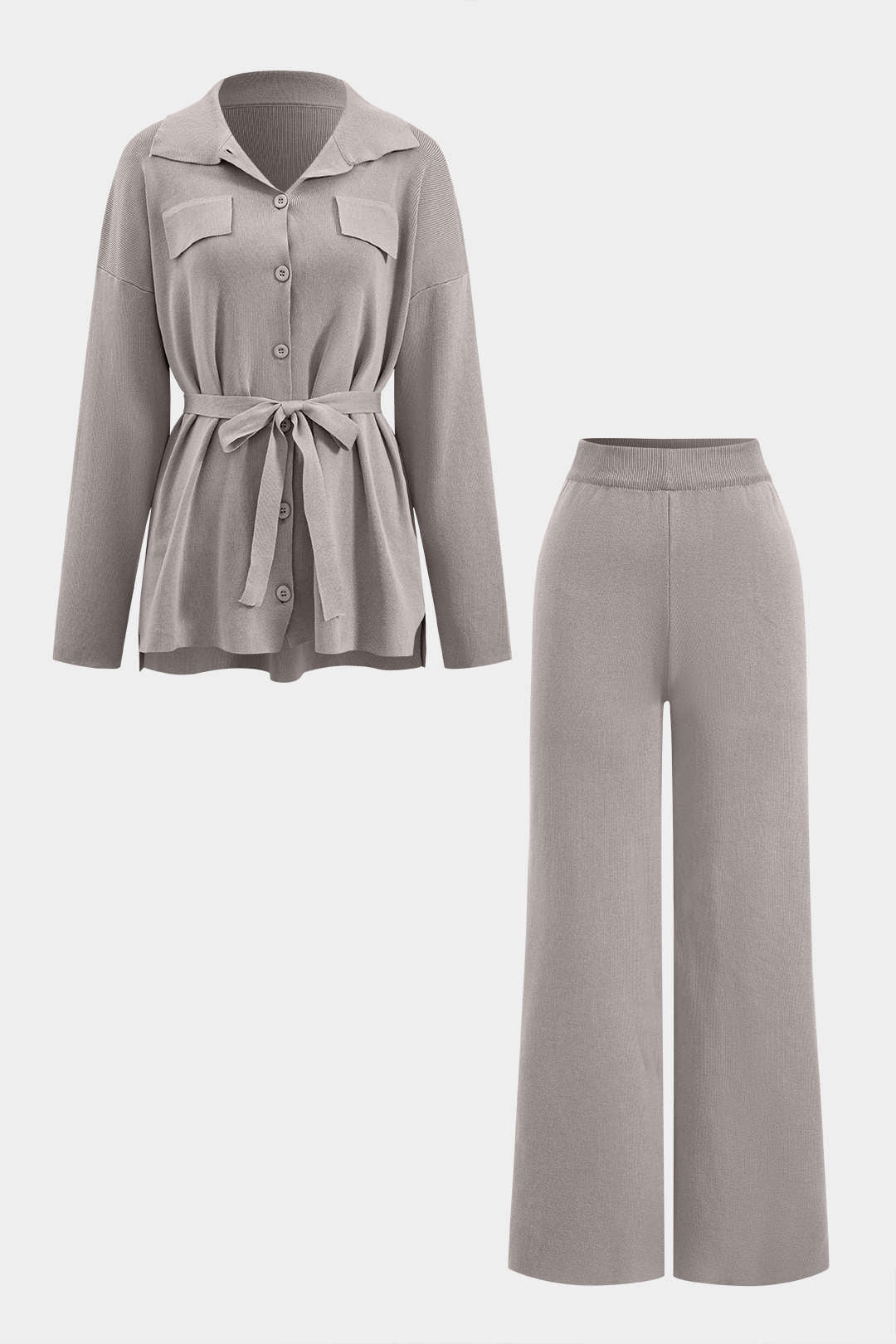 Knit Tie-Up Button Pocket Long-Sleeve Top And Trousers Set