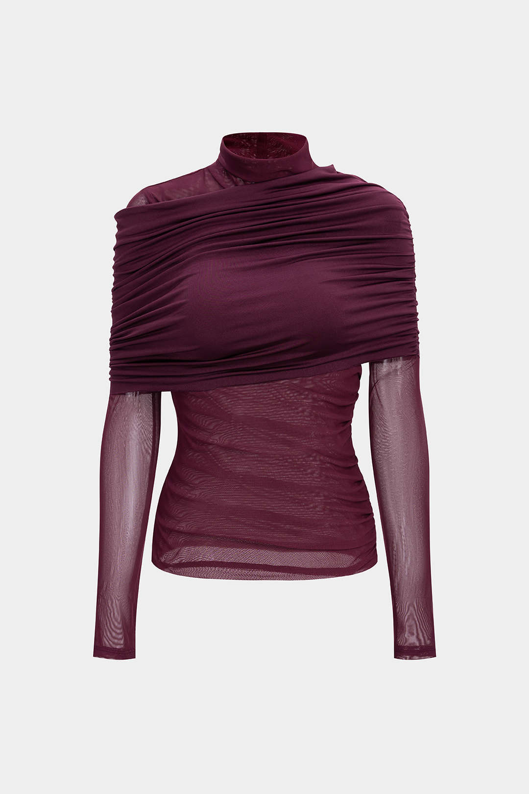 Ruched Mesh Long-Sleeve Top