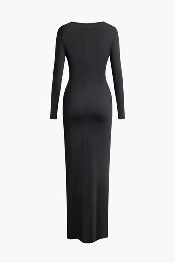 Solid V-neck Ruched Long Sleeve Maxi Dress