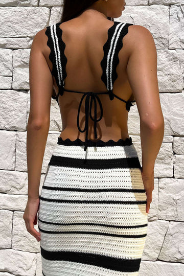 Stripe V-neck Open Knit Tank Top And Skirt Set