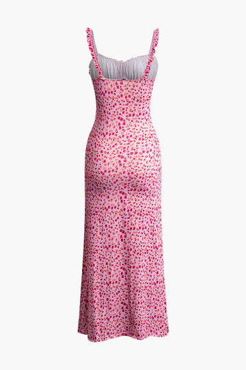 Floral Print Ruffle Neckline Ruched Slip Midi Dress