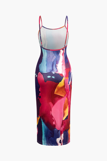 Abstract Print Backless Slip Midi Dress