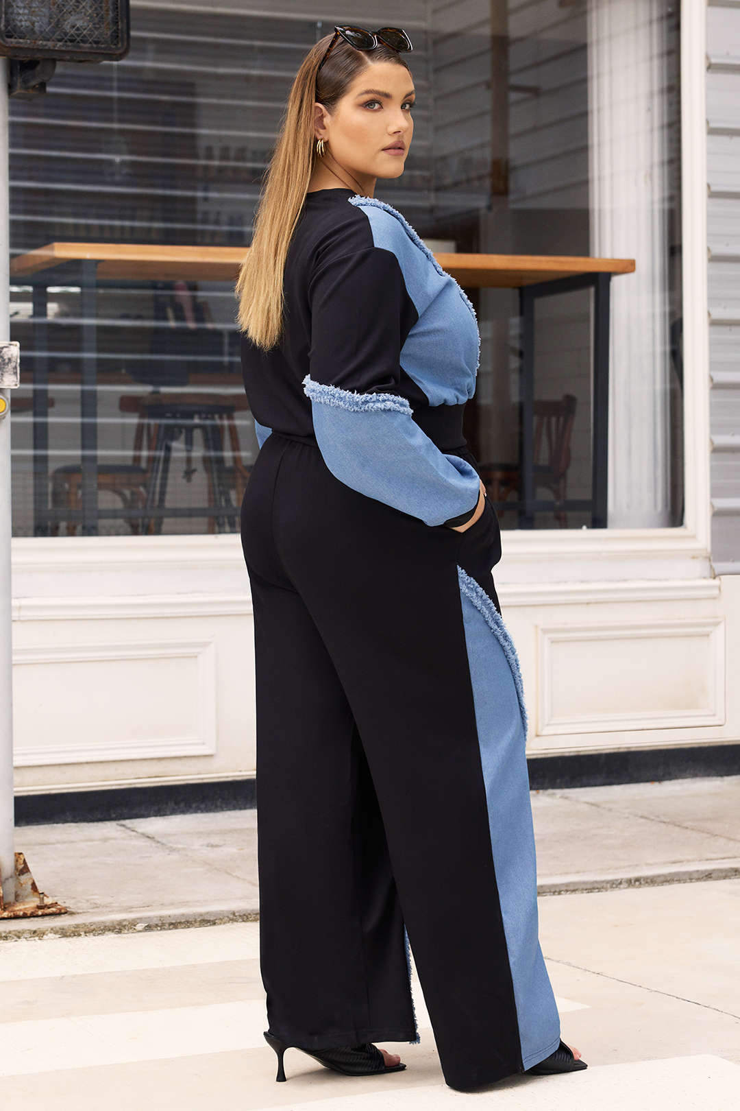 Patchwork plus taille de taille plus à manches longues et à taille haute les pantalons à jambe large de taille haute