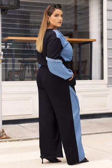 Patchwork plus taille de taille plus à manches longues et à taille haute les pantalons à jambe large de taille haute