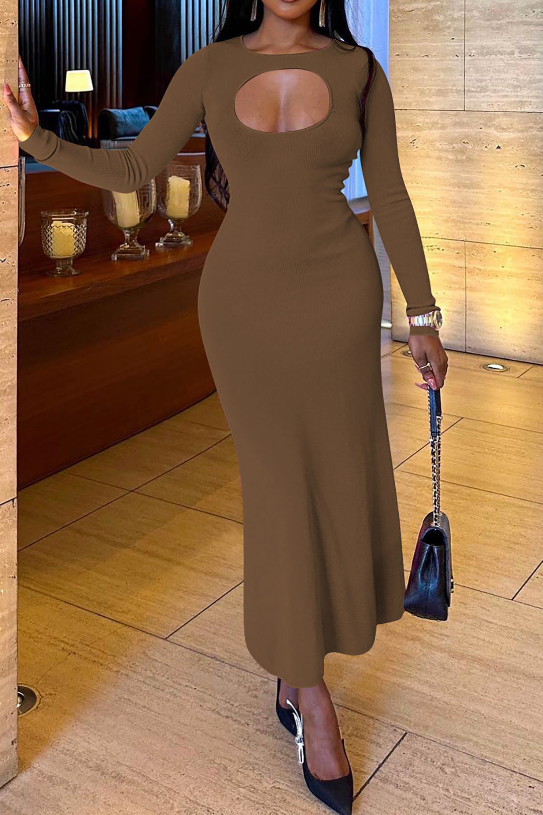 Round Neck Cut Out Long Sleeve Maxi Dress