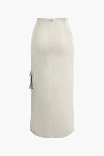 Asymmetric Belted Flap Pocket Split Maxi Skirt