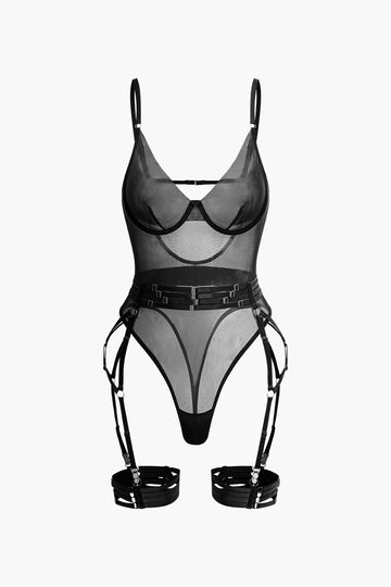 Sheer Mesh Belted Backless Bodysuit With Glove