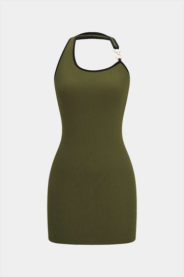 Halter Neck Contrast Binding Metallic Decor Sleeveless Mini Dress