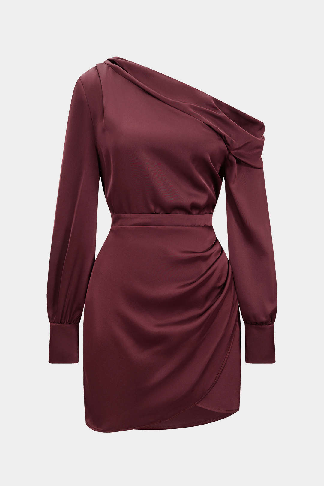 Satin Asymmetrical Neck Long Sleeve Mini Dress – Micas