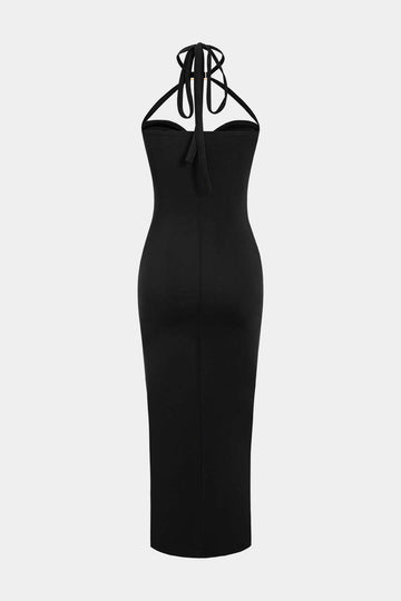 Solidu Metalliku Cut Out Halter Tie Back Maxi Dress