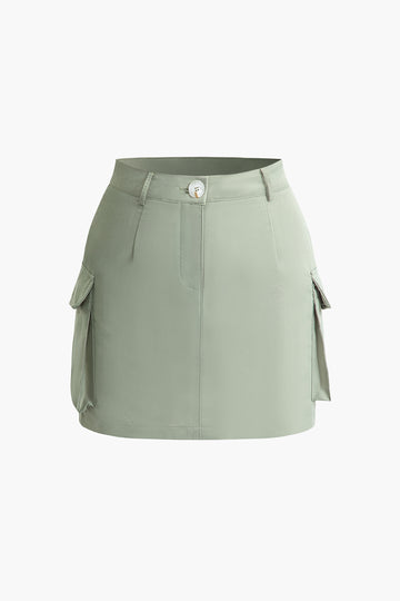 Collared Flap Pocket Drawstring Crop Top And Mini Skirt Set