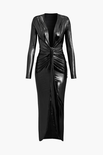 Metallic V-neck Ruched Slit Wrap Maxi Dress