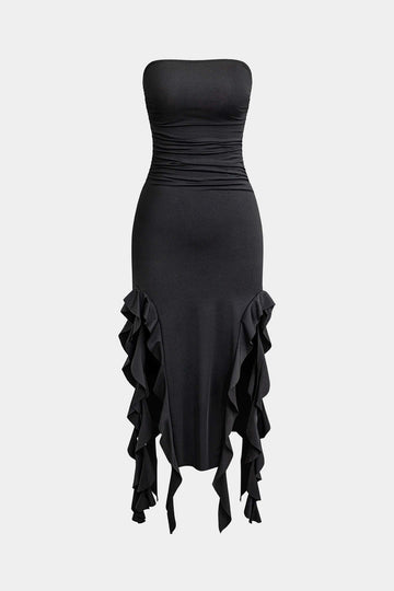 Solid Ruffle Hem Ruched Tube Maxi Dress