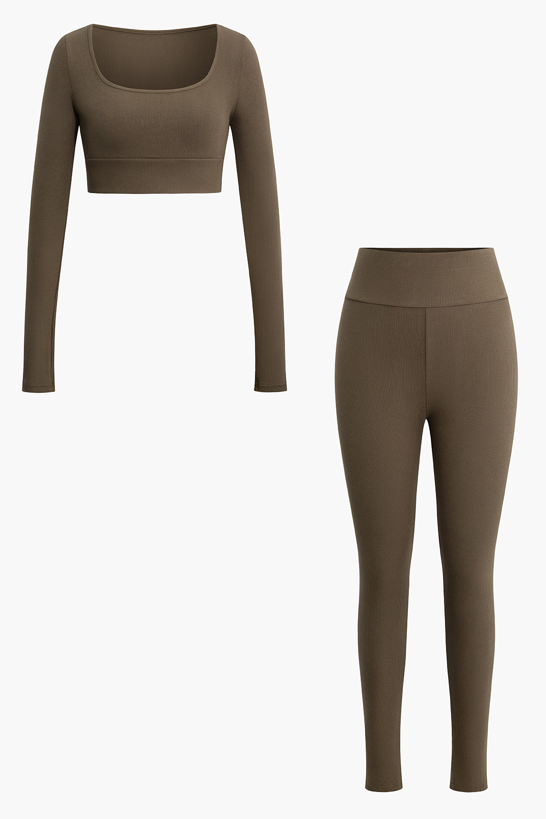 Square Neck Long Sleeve Crop Top And Rib Knit Leggings Set