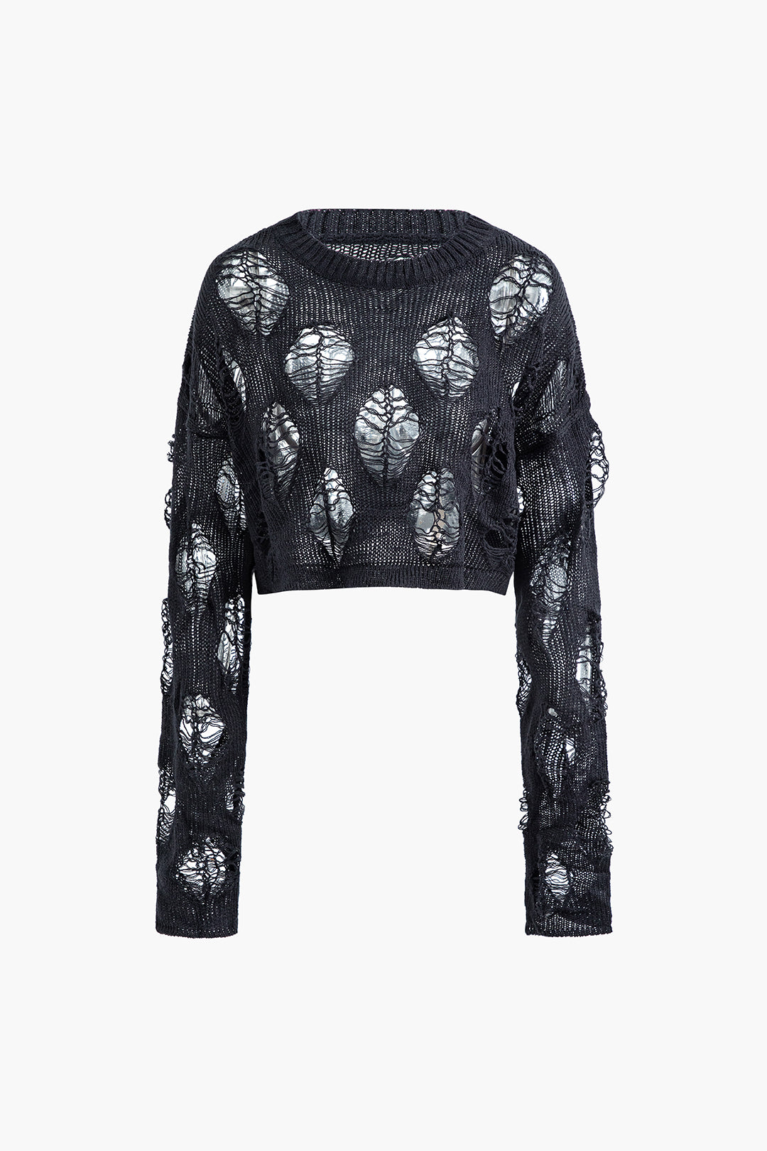Round Neck Ripped Open Knit Long Sleeve Top