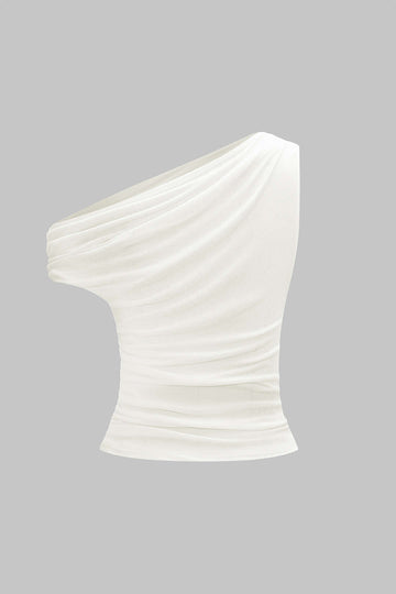Asymmetrical Shoulder Ruched Sleeveless T-Shirt
