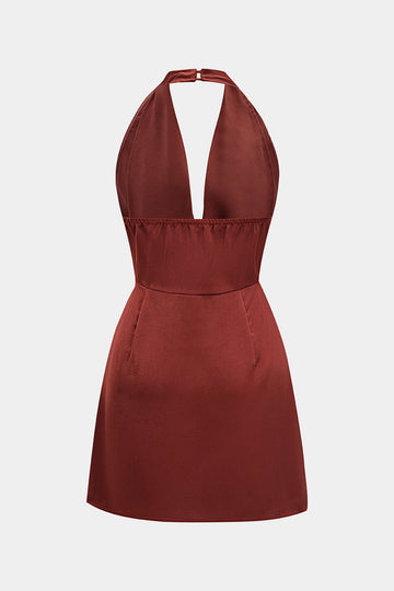 Satin Halter Neck Ruched Backeless Sleeveless Mini Dress
