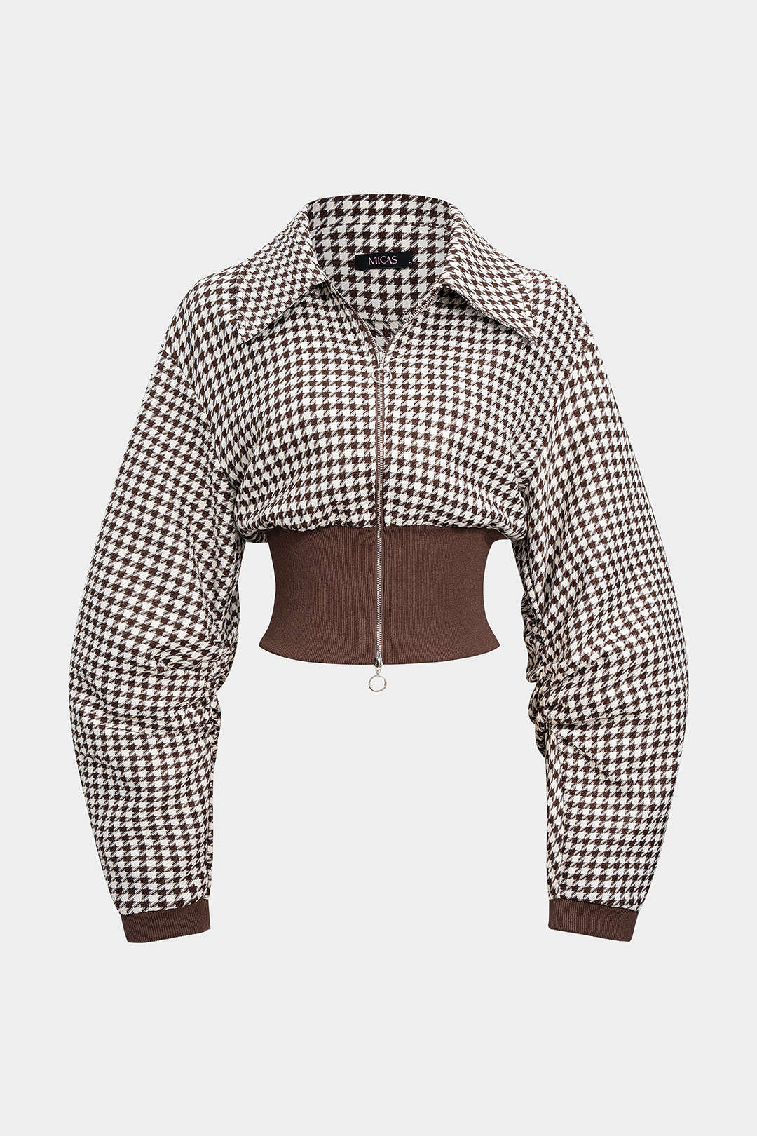 Houndstooth Print Patchwork Zipper Jacket