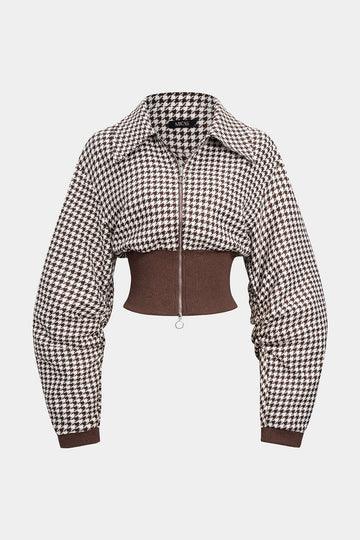 Houndstooth Print Patchwork Zipper Jacket
