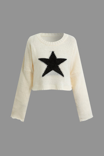 Star Pattern Round Neck Pullover Long Sleeve Knit Sweater
