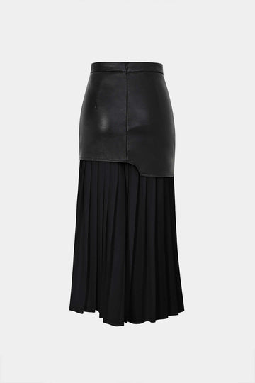 Contrast Pleated Faux Leather Midi Skirt