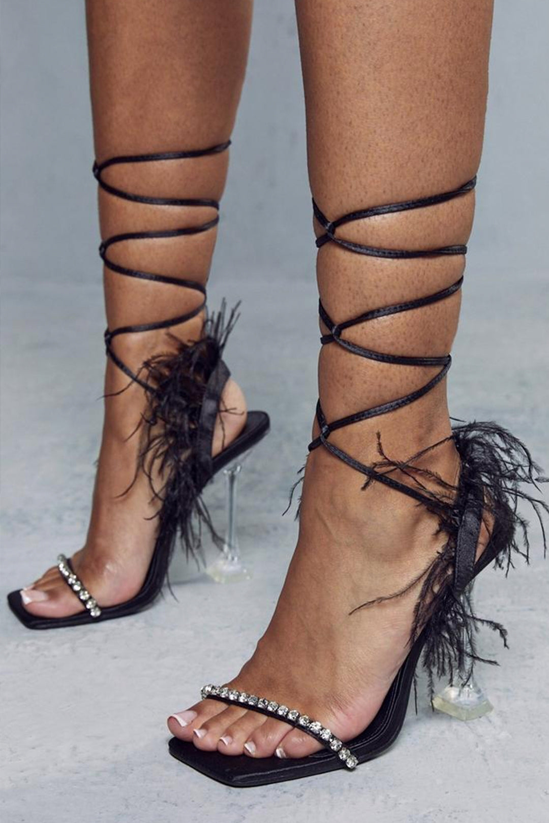 Rhinestone Embellished Strap Feather Lace-up High heel Sandals