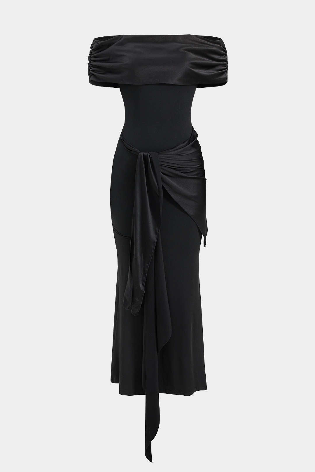 Patchwork Off-Shoulder Draped Bow Detail Maxi Dress