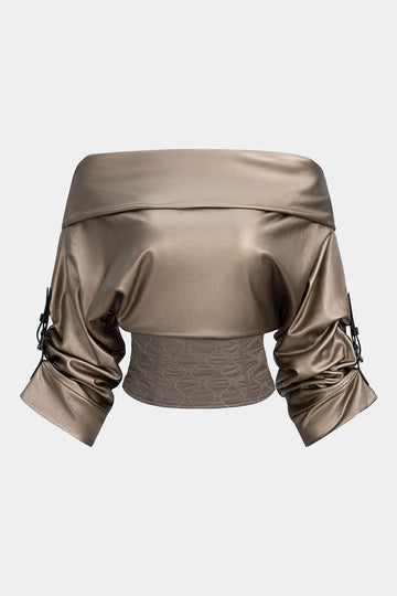 Faux Leather Quilted Patchwork Off Shoulder Long-Sleeve Shirt