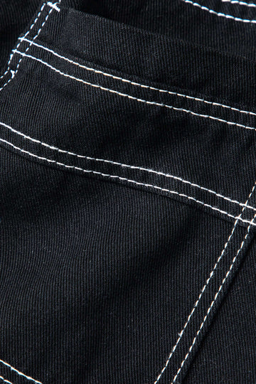 Stitching Straight Leg Flap Pocket Jeans With Eyelet Tie