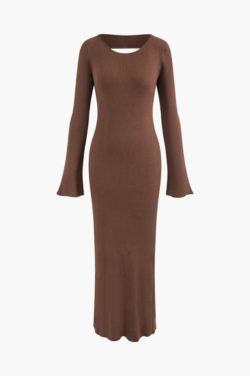 Solid Rib Knit Backless Bell Sleeves Maxi Dress