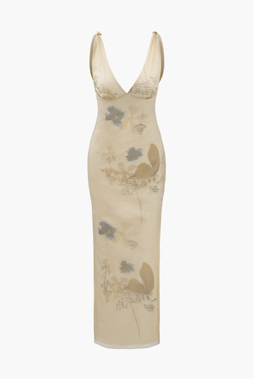Flower & Butterfly Print V-neck Backless Slit Maxi Dress