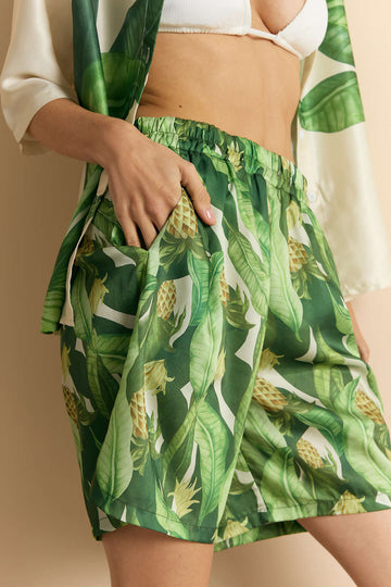 Leaves Print Satin Shirred Shorts
