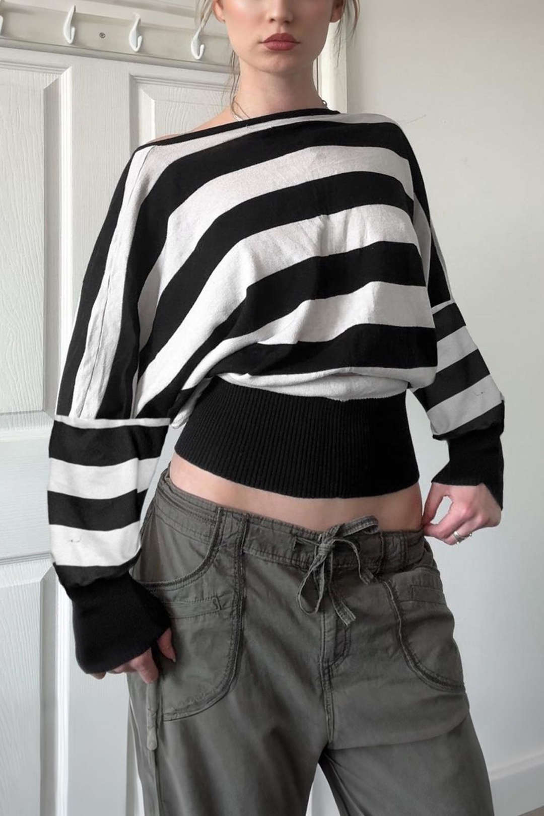 Contrast Stripes Print Batwing Long Sleeve T-Shirt