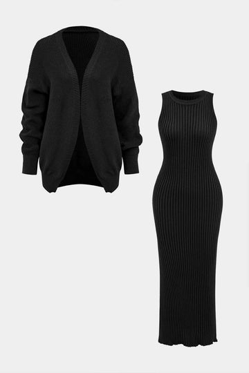 Ribbed Knit Dress And Cardigan Set