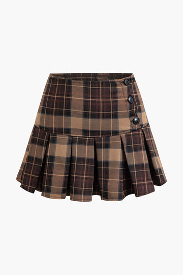 Plaid Retro Print Button Pleated Skirt